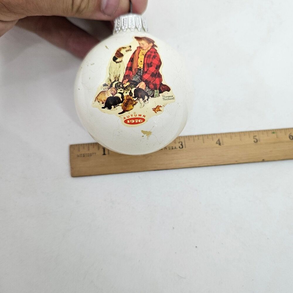 Vintage 1976 Norman Rockwell Autumn Four Seasons Christmas Ornament Boy Puppies